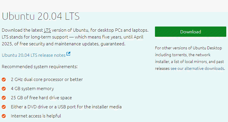 screenshot of Download Ubuntu 20.04lts iso file