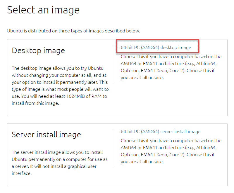 Click the 64-bit PC (AMD64) desktop image link to download Ubuntu for Desktop.