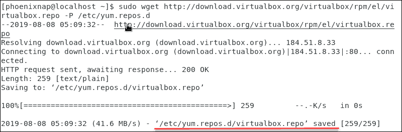 Confirmation of downloading and saving the virtualbox repository file