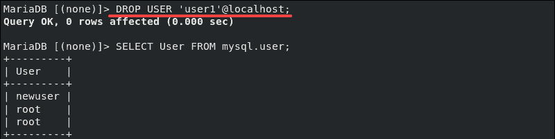 example of how to remove a mariadb user with drop
