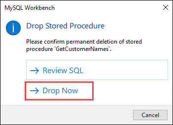 Drop a stored procedure in MySQL Workbench - Step 2.