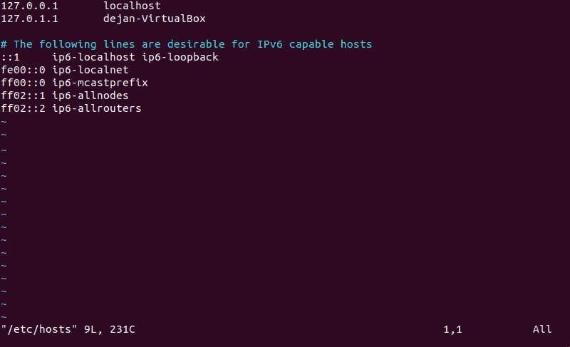 Linux Hosts file opened in Vim text editor.