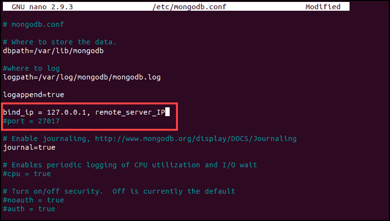 Image shows where to edit the mongodb config file.