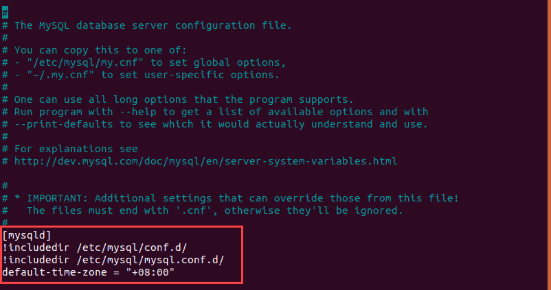 example of how to set time zone in MySQL configuration file