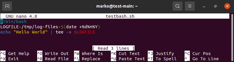 Editing a bash script containing the tee command
