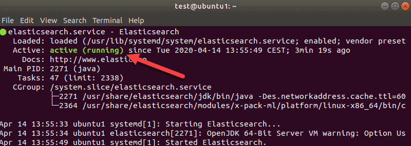 Checking the Elasticsearch status in the terminal.