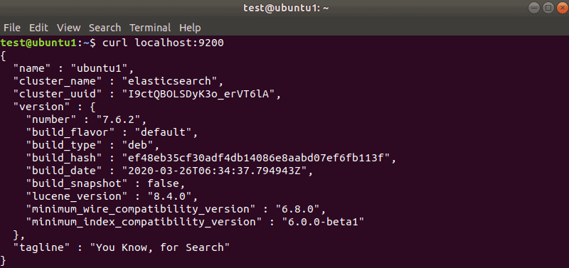 Running the curl command to test if Elasticsearch is active on Ubuntu.