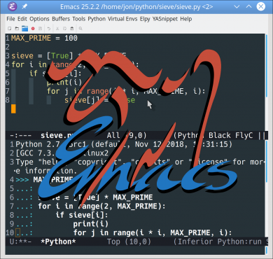 GNU/Emacs editor with the official Emacs logo in the center