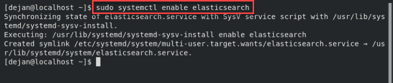 The command to enable elasticsearch and the output when run correctly.