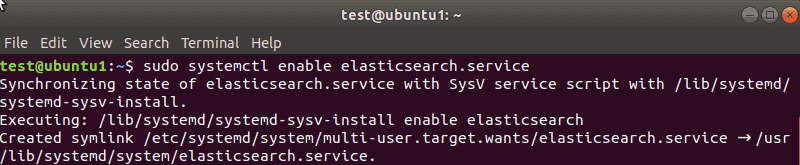 The terminal output when enabling Elasticsearch service in Ubuntu.