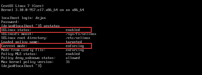 output example of the status of SELinux
