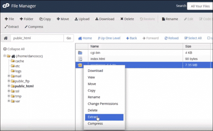 extract wp file in cPanel