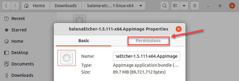 Locating Permissions tab in AppImage file properties