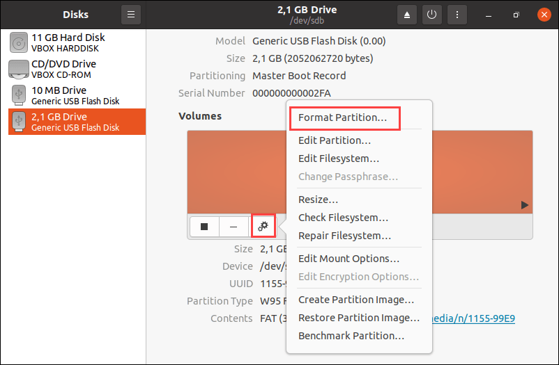 Selecting the formatting option in Disk Utility.