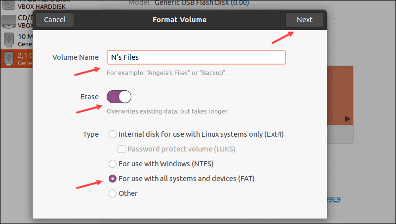 Setting up the formatting options in Disk Utility. 