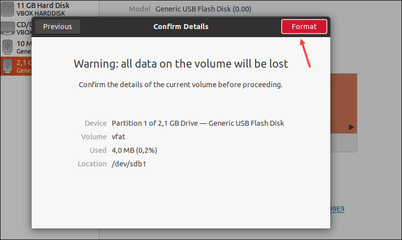 Disk Utility warning about data deletion. 