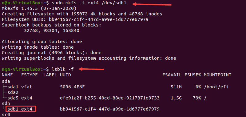 The process of formatting disk partition using the ext4 file system in Linux.