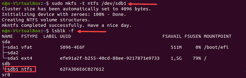 Formatting a partition with NTFS file system in Linux.