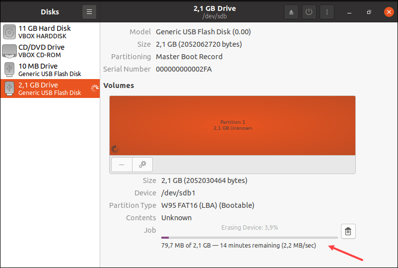 Formatting progress line displaying remaining time until the operation ends. 