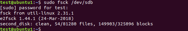 The output after running a fsck command to check the second disk.