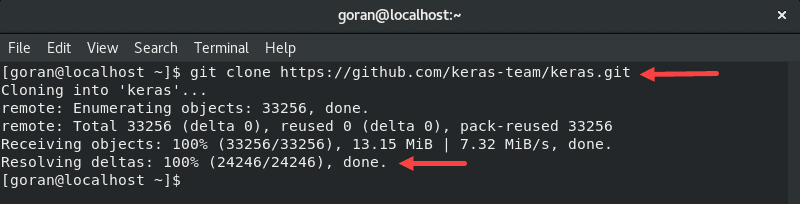 Terminal cloning a copy of the Keras software package