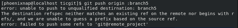 Git branch deletion error example.