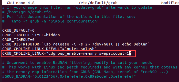 Add memory swap account to grub configuration file.
