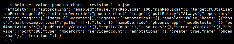 Terminal output of the command helm get values --revision 1 json