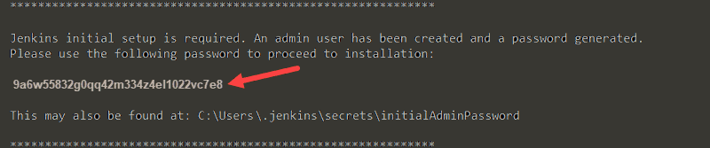 displaying the location of the Jenkins password in the log file