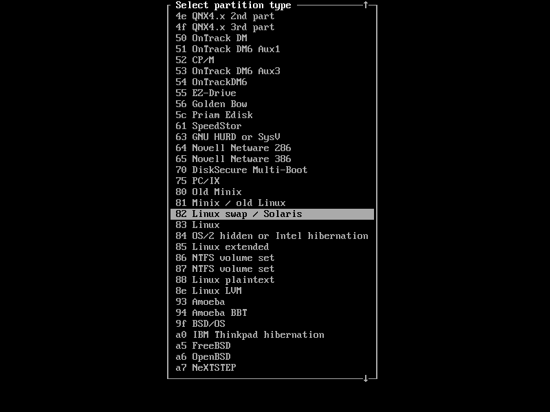 Select '82 Linux swap / Solaris' on the partition type list