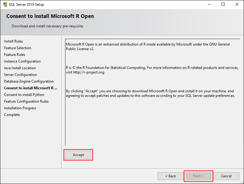 Agree to installing Microsoft R Open and Python