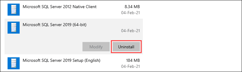 Uninstall the SQL Server Express 2019 in Settings - Apps