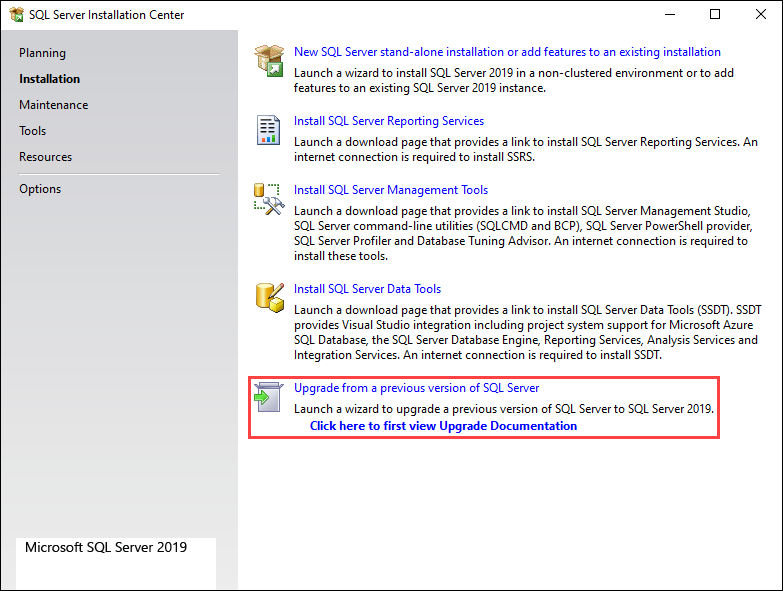 Select the Upgrade from a previous version of SQL Server option