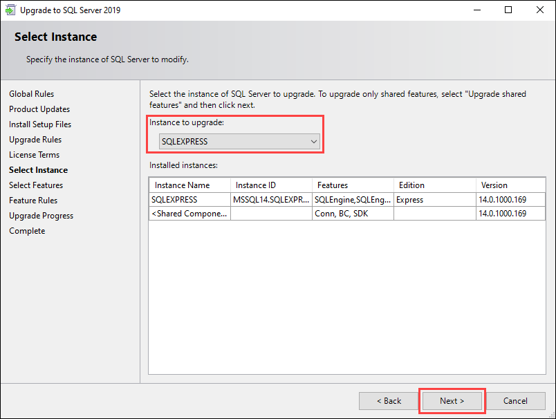 Select the SQL Server instance you want to update