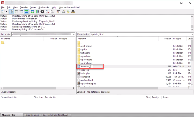 Example shows how to rename .htaccess file using an FTP client.