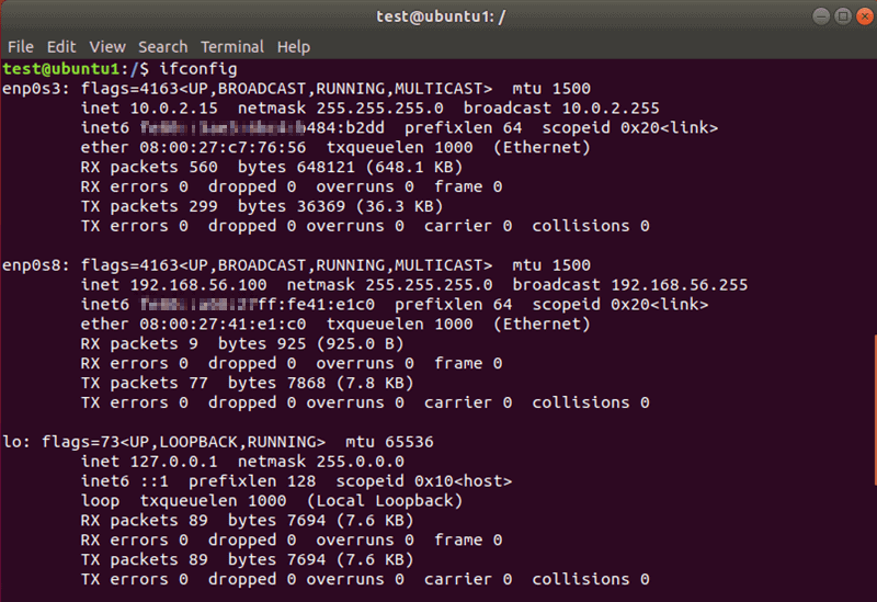 Network information with ifconfig command