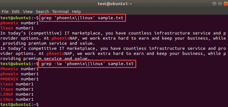 Terminal output when ignoring case while searching two exact matches with grep.