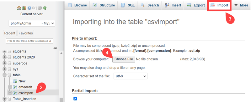 screenshot of import CSV file into MySQL using phpMyAdmin