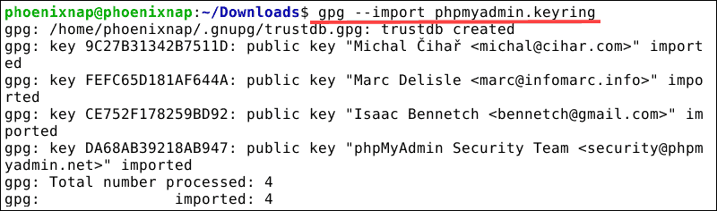 System imports gpg keyring to verigy phpmyadmin download files