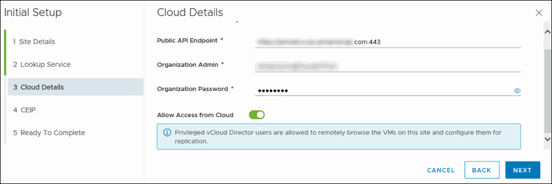 interface for initial setup cloud details step