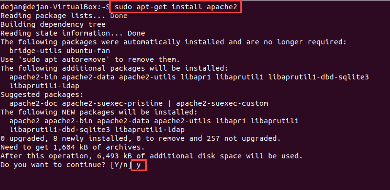 Terminal command to install Apache on Ubuntu.