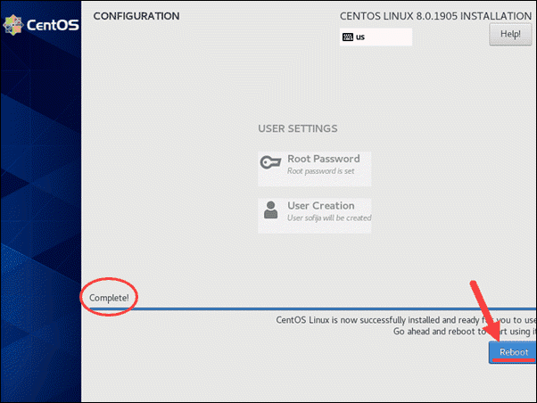 CentOS 8 installation complete