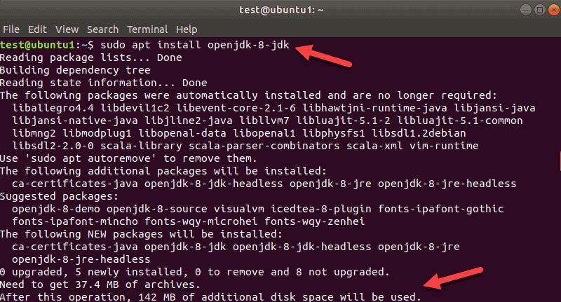 Command for installing install default JDK 8 package in Ubuntu required for Elasticsearch.