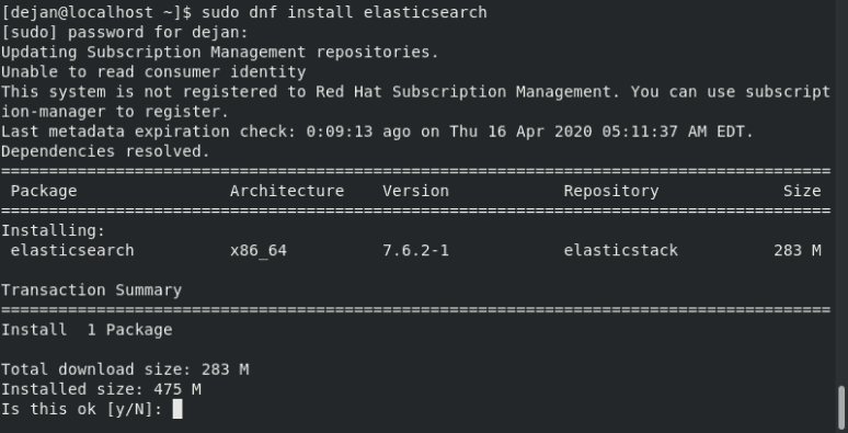 terminal screenshot of Installing Elasticsearch on CentOS 8