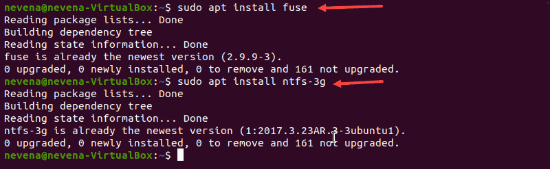 Installing fuse and ntfs-3g in order to mount partition with read-and-write permissions.