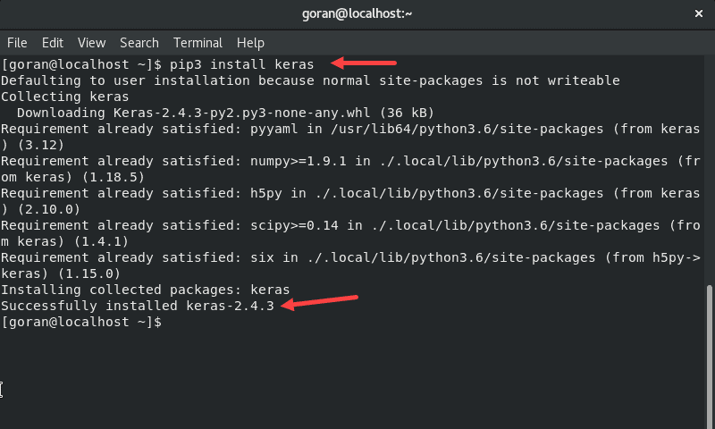 CentOS Keras installation process in the terminal