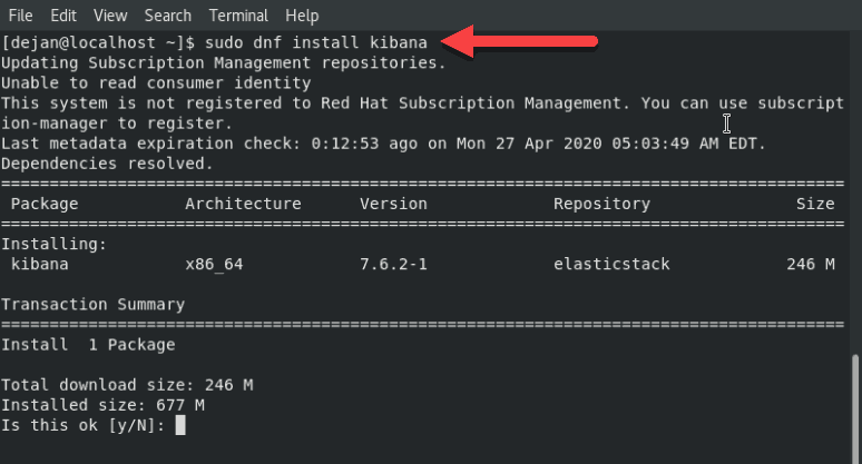 Terminal command and process to install Kibana on centos