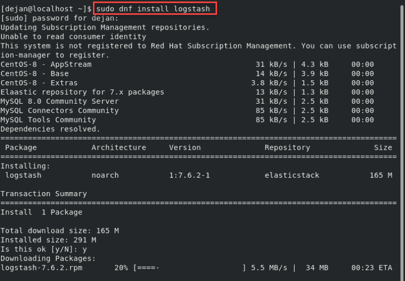 example of installing logstash on CentOS version 8