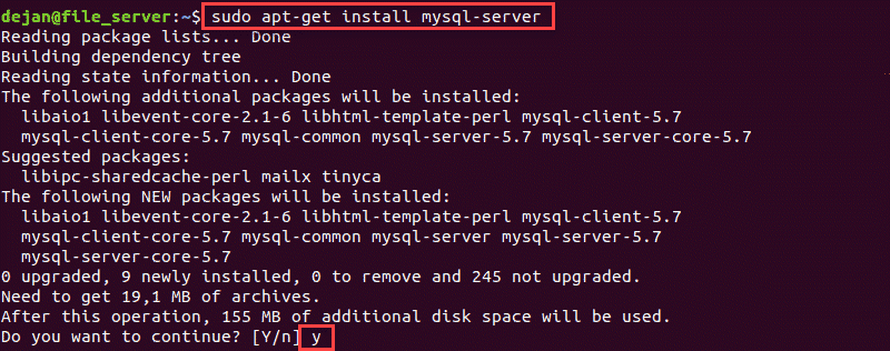 Terminal command and output installing MySQL