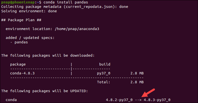 The Anaconda Python Pandas installation process.